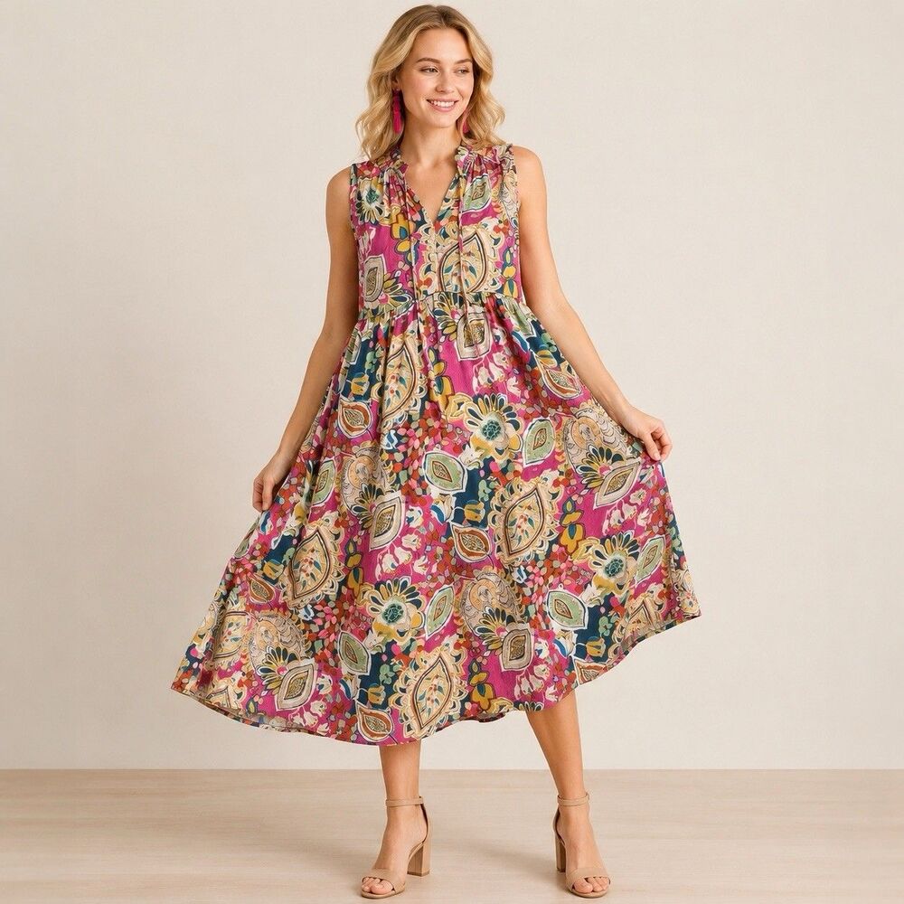 UMGEE Printed  Pink Mixed Paisley Sleeveless Ruffle Midi Dress Women Size Small